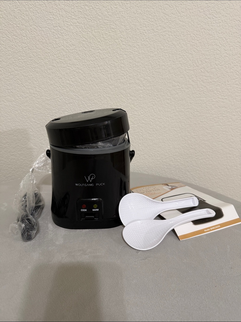 Wolfgang Puck Black Mini Rice Cooker with Serving Spoons